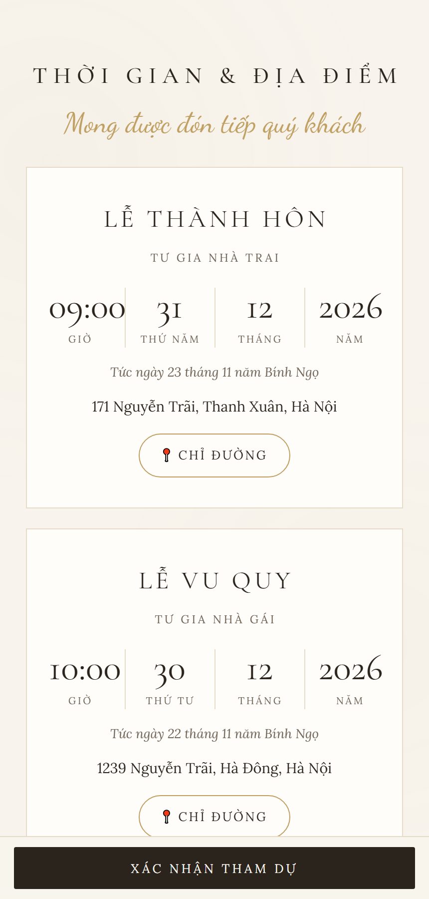 Phần thời gian và địa điểm lễ cưới, kèm nút chỉ đường