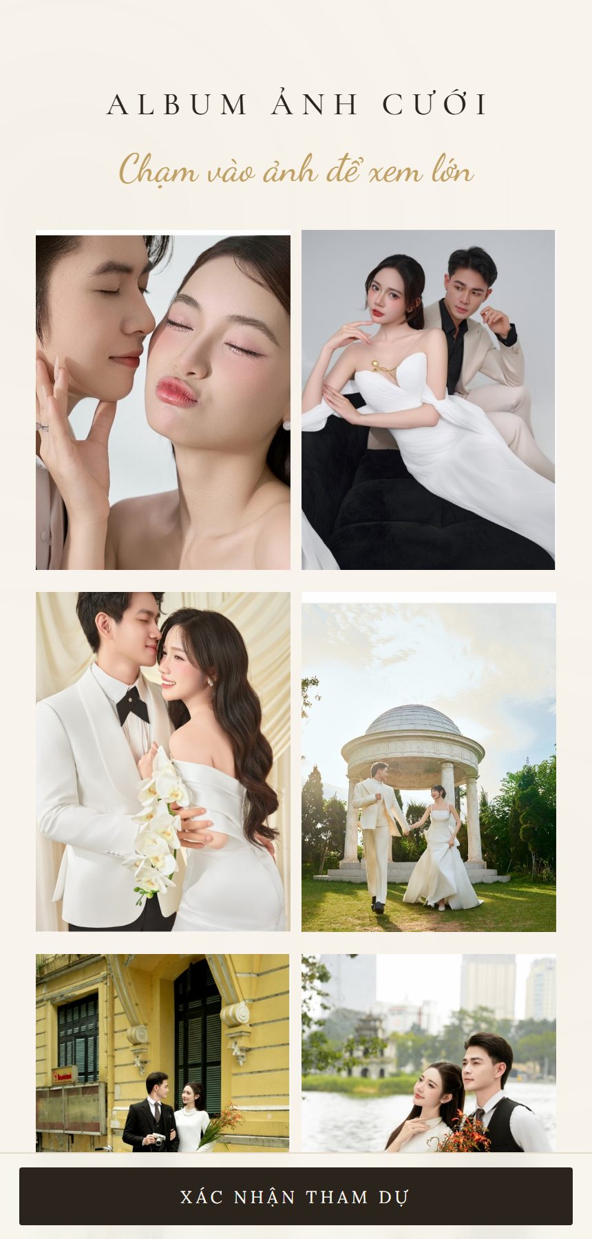 Phần album ảnh cưới trong thiệp, chạm vào ảnh để xem lớn