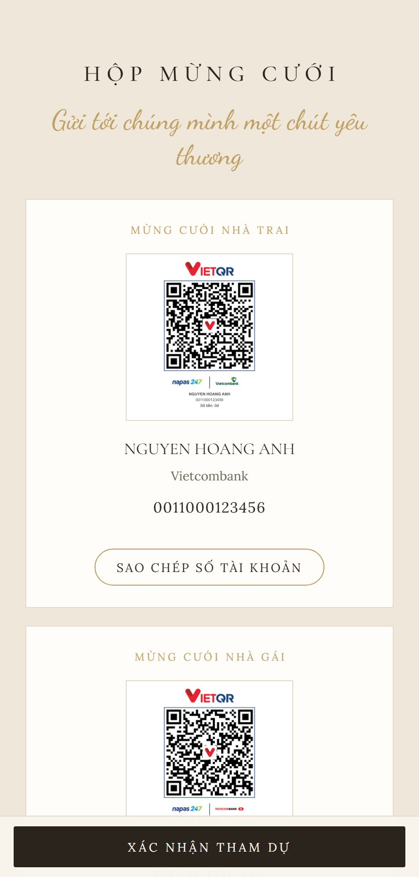 Hộp mừng cưới với mã QR chuyển khoản của cô dâu và chú rể
