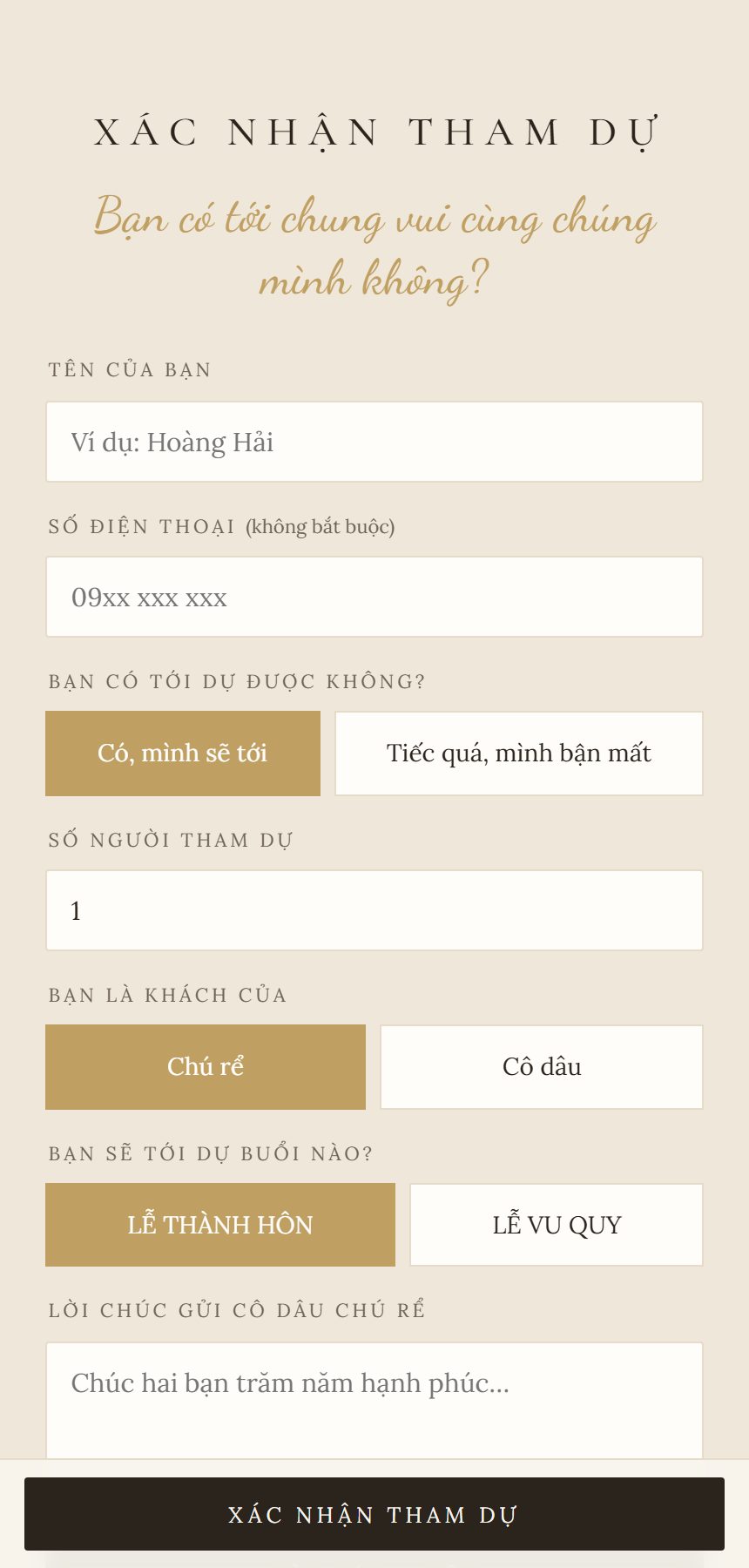 Biểu mẫu xác nhận tham dự trong thiệp cưới online